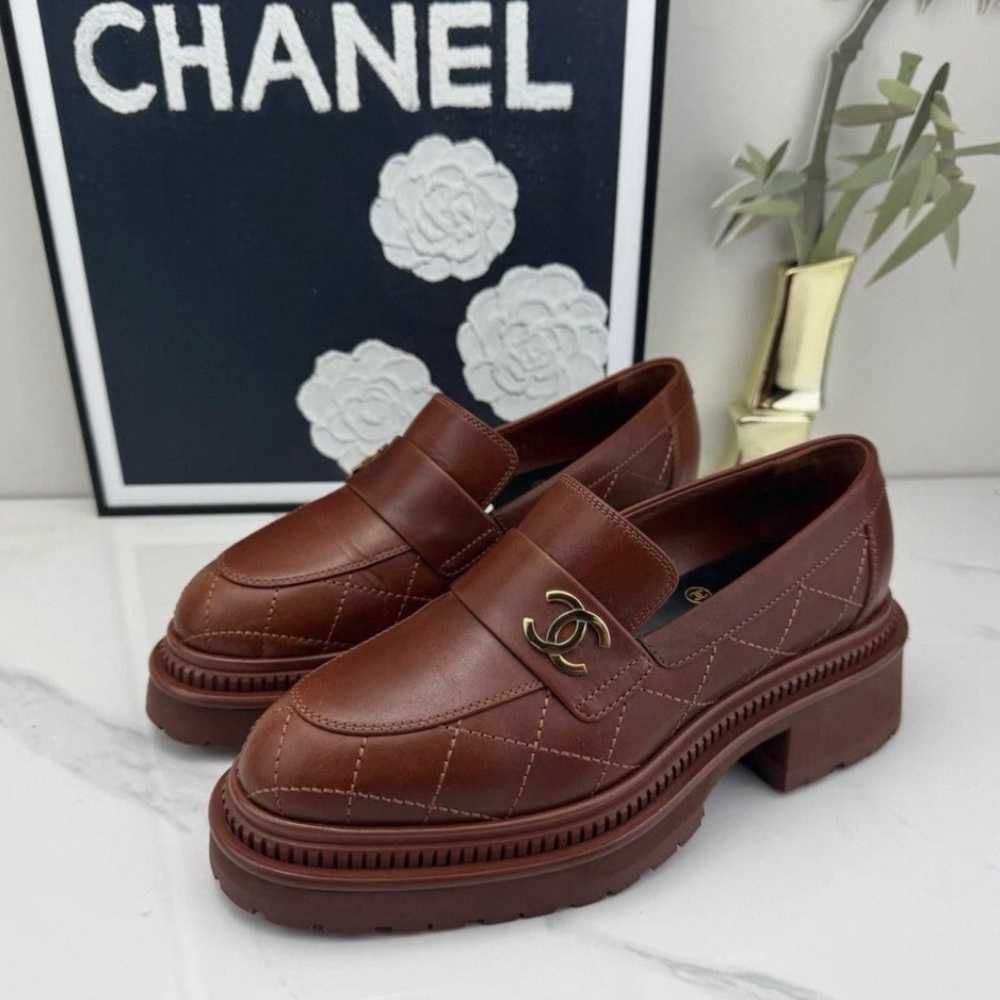 CHANEL Brown Leather Quilted Loafers